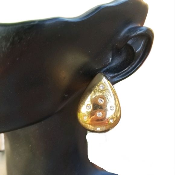 VINTAGE GOLDTONE & CRYSTAL PUFFED TEARDROP MODERNIST STYLE STATEMENT EARRINGS - Picture 1 of 7